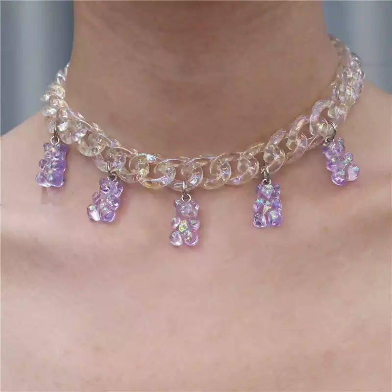 

Ожерелье желейные мишки, цвет сиреневый - длина 30см (+9см), смола, цинковый сплав, пластик