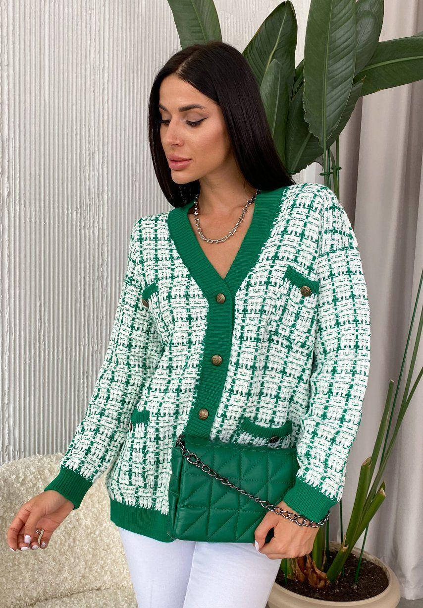 

Женский вязаный зеленый кардиган с V-образным вырезом, Зелёный