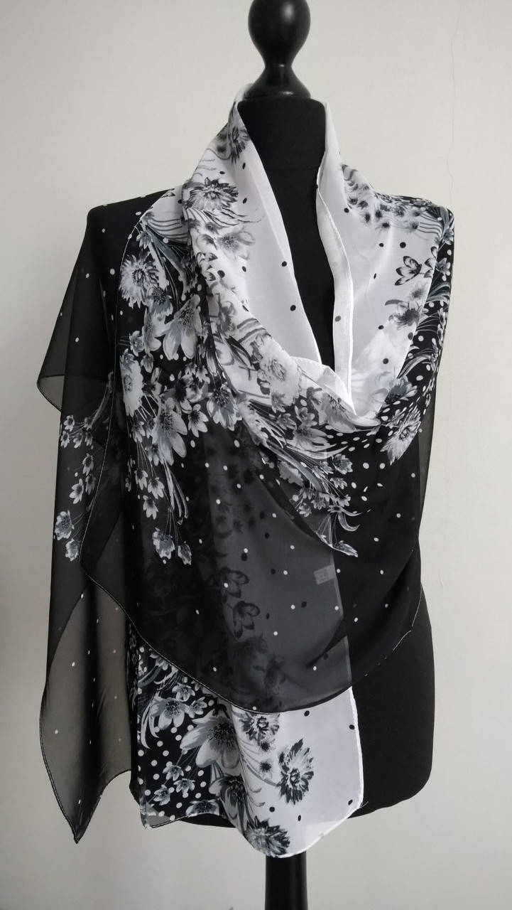 

Шарф шифоновый переход с цветами черно-белый, Разные цвета