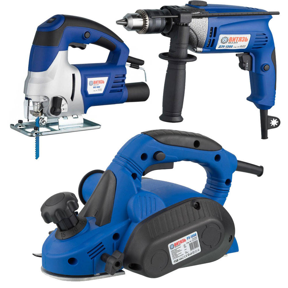 

Комплект дрель с функцией удара, электро-лобзик и электро-рубанок