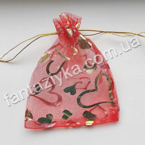 

Мешочек из органзы красный с золотыми сердечками, 12х9см