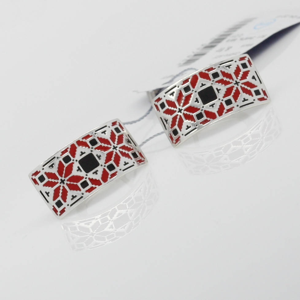 

Серьги серебряные "Вышиванка" эмаль черно-красная