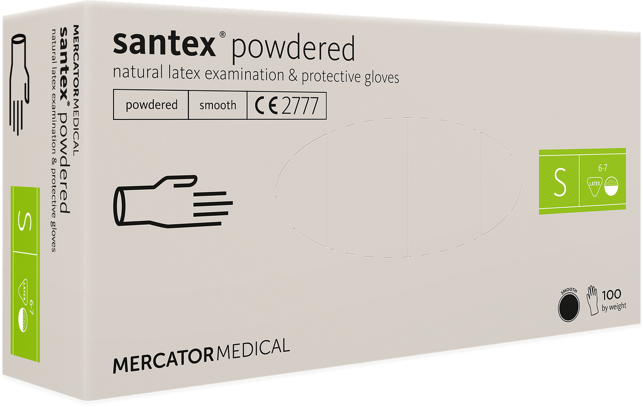 

Перчатки латексные с пудрой размер -  (рукавички латексні) Mercator Medical Santex® powdered 100 шт, Белый
