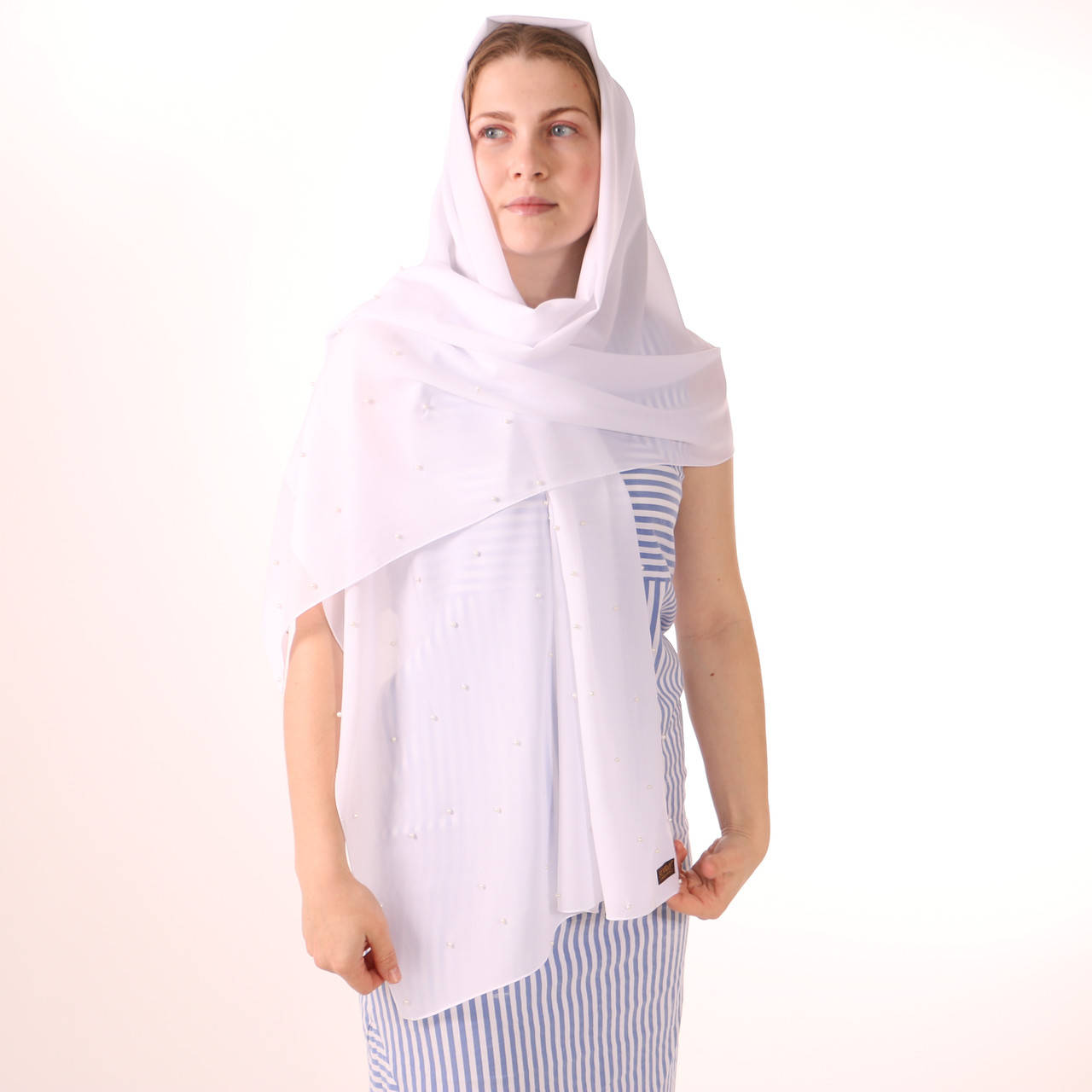 

Шарф білий шифоновий з перлинами sh/54, Белый