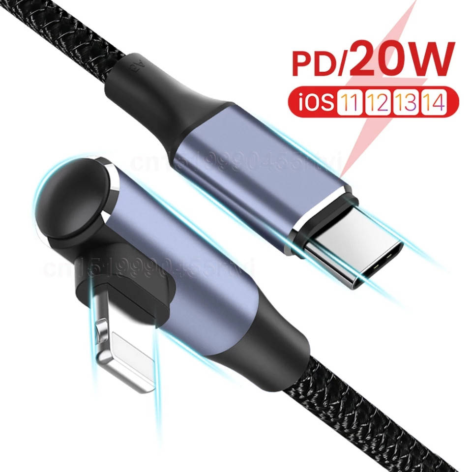

Type-C кабель для iPhone 12,13 PD 20 Вт Быстрая зарядка, кабель 90 градусов, зарядный шнур 2 м., Черный