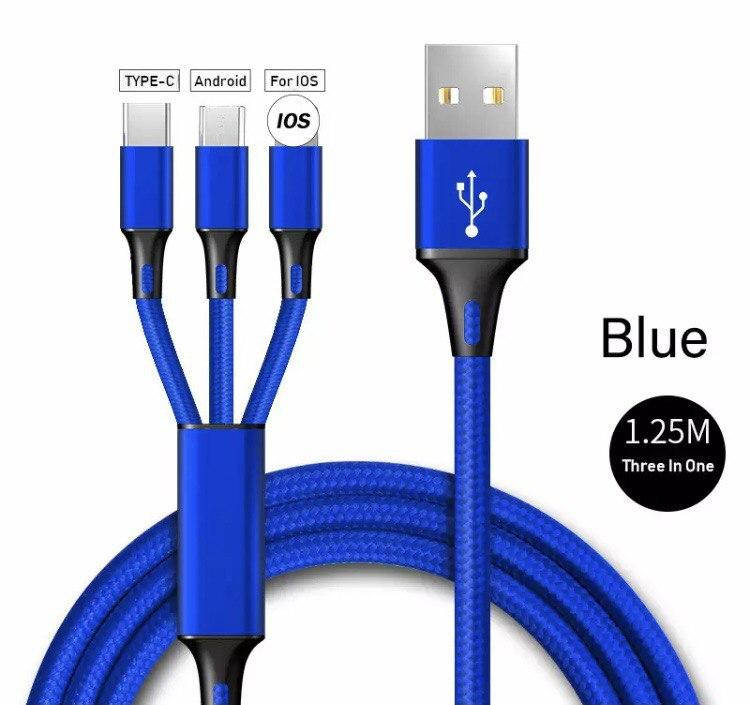 

Кабель зарядки 3 в 1 для телефона MicroUSB, Type-C, Lightning синий цвет