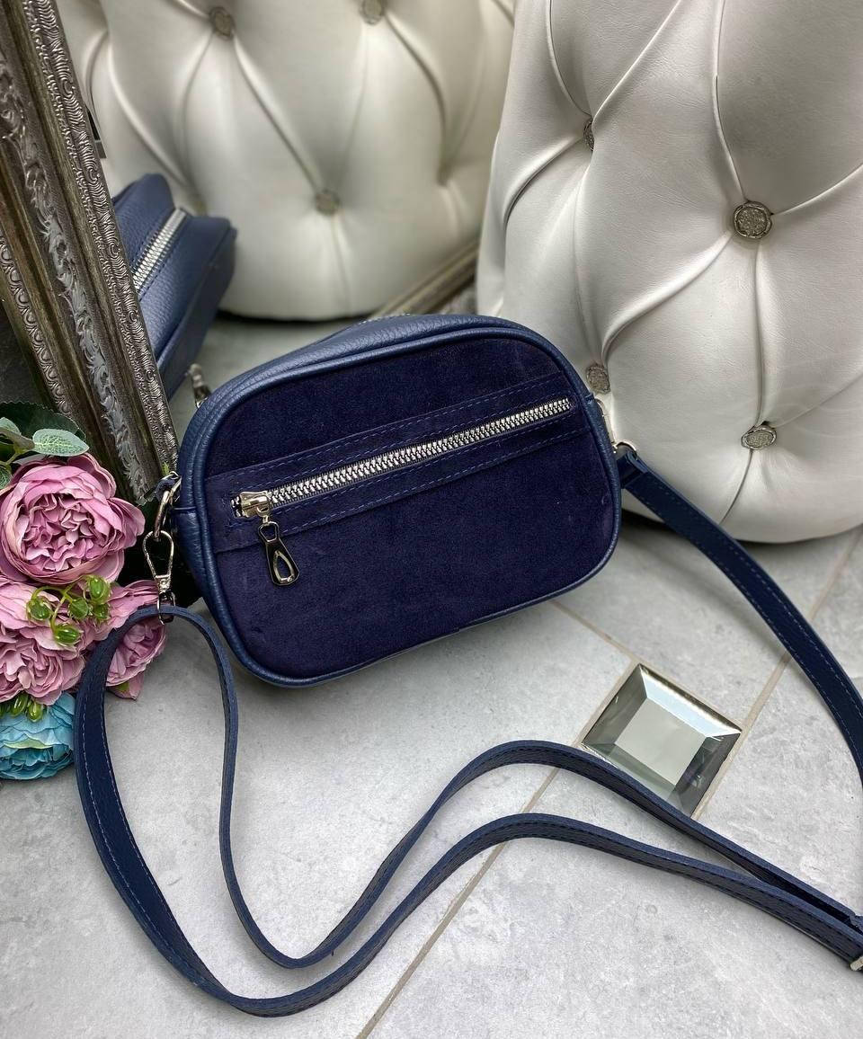 

Маленькая сумочка через плечо женская кроссбоди стильная замшевая синяя натуральная замша+кожзам, Синий