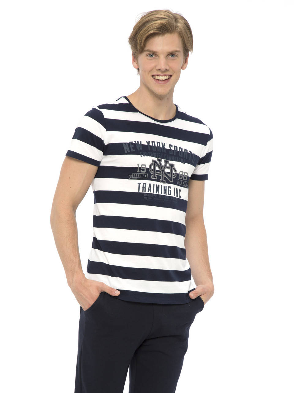 

Белая мужская футболка LC Waikiki / ЛС Вайкики в синюю полоску New York Sports