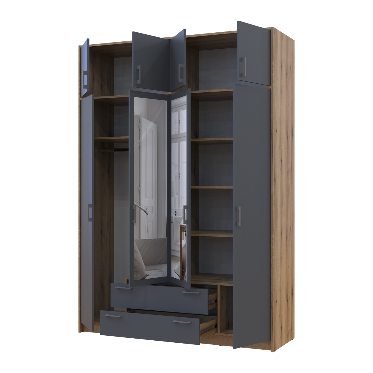 Розпашна Шафа для одягу Doros Ронді з антресолею та дзеркалом Дуб Артізан/Графіт 4ДСП 160х52х236 (80737830) 2