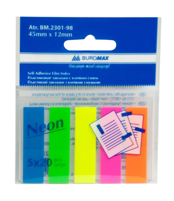 

Закладки Buromax пластиковые NEON 45x12мм 5х20 листов асорти BM.2301-98