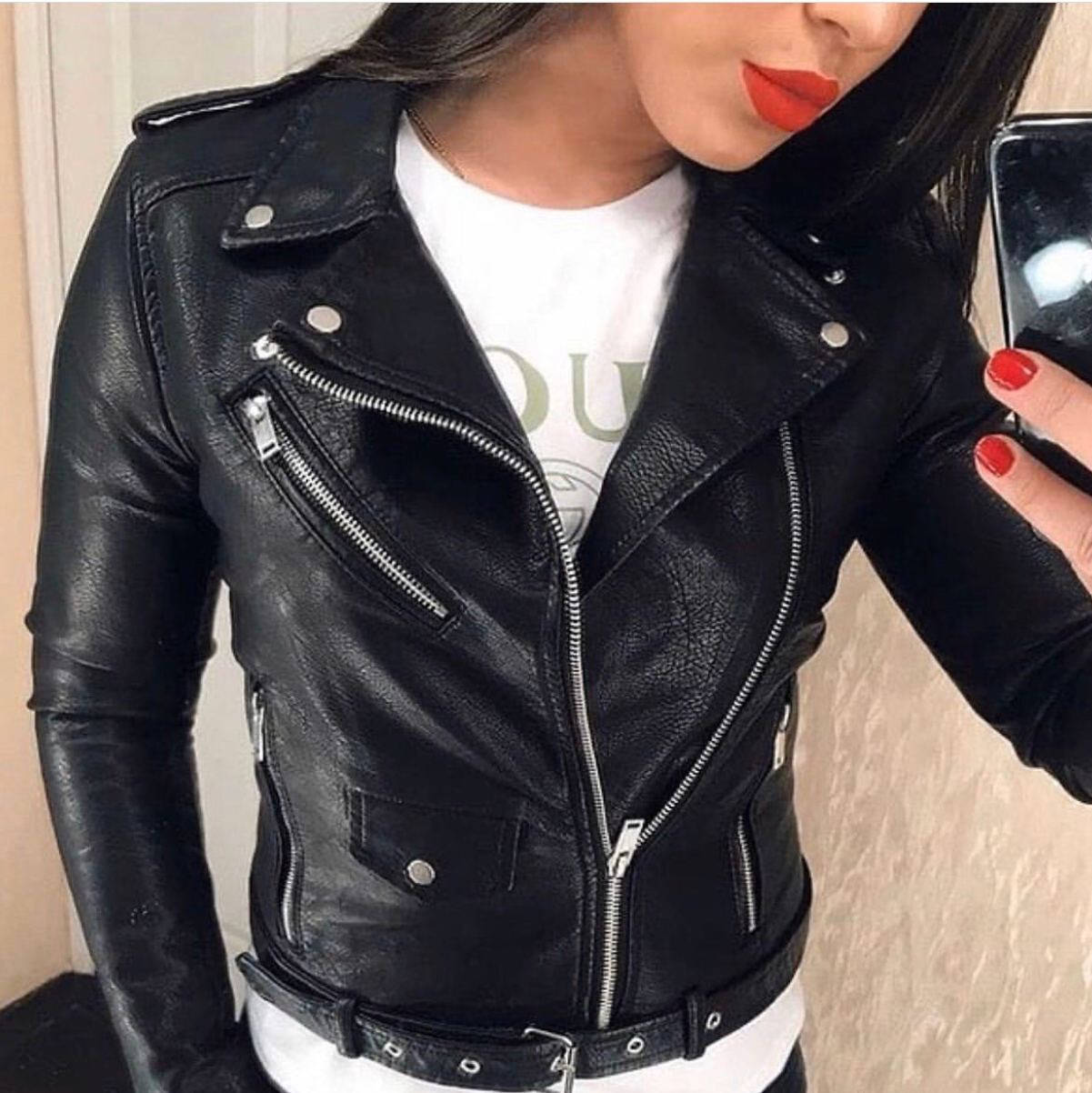 

Куртка косуха женская кожаная чёрная XS S M L XL, Черный