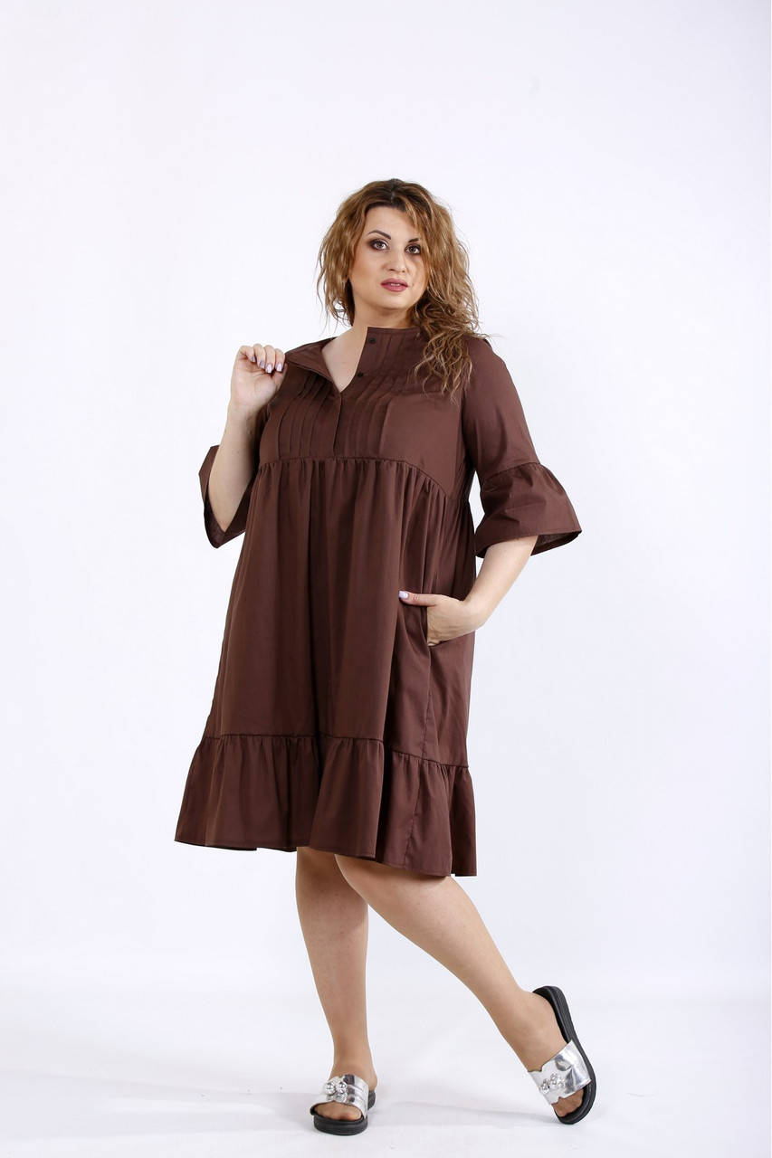 

Шоколадное свободное скрывающее платье летнее большого размера 42-74. 01206-3