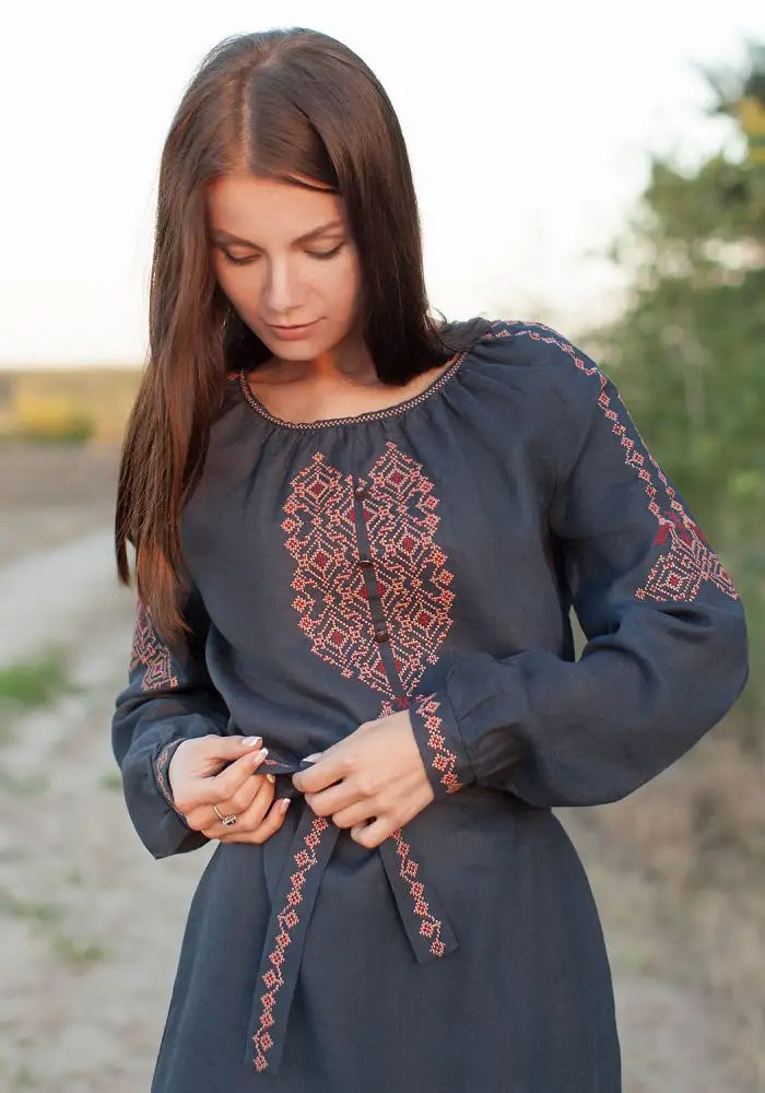 

Женское платье вышиванка натуральный лен р.44 46 48 50, Серый