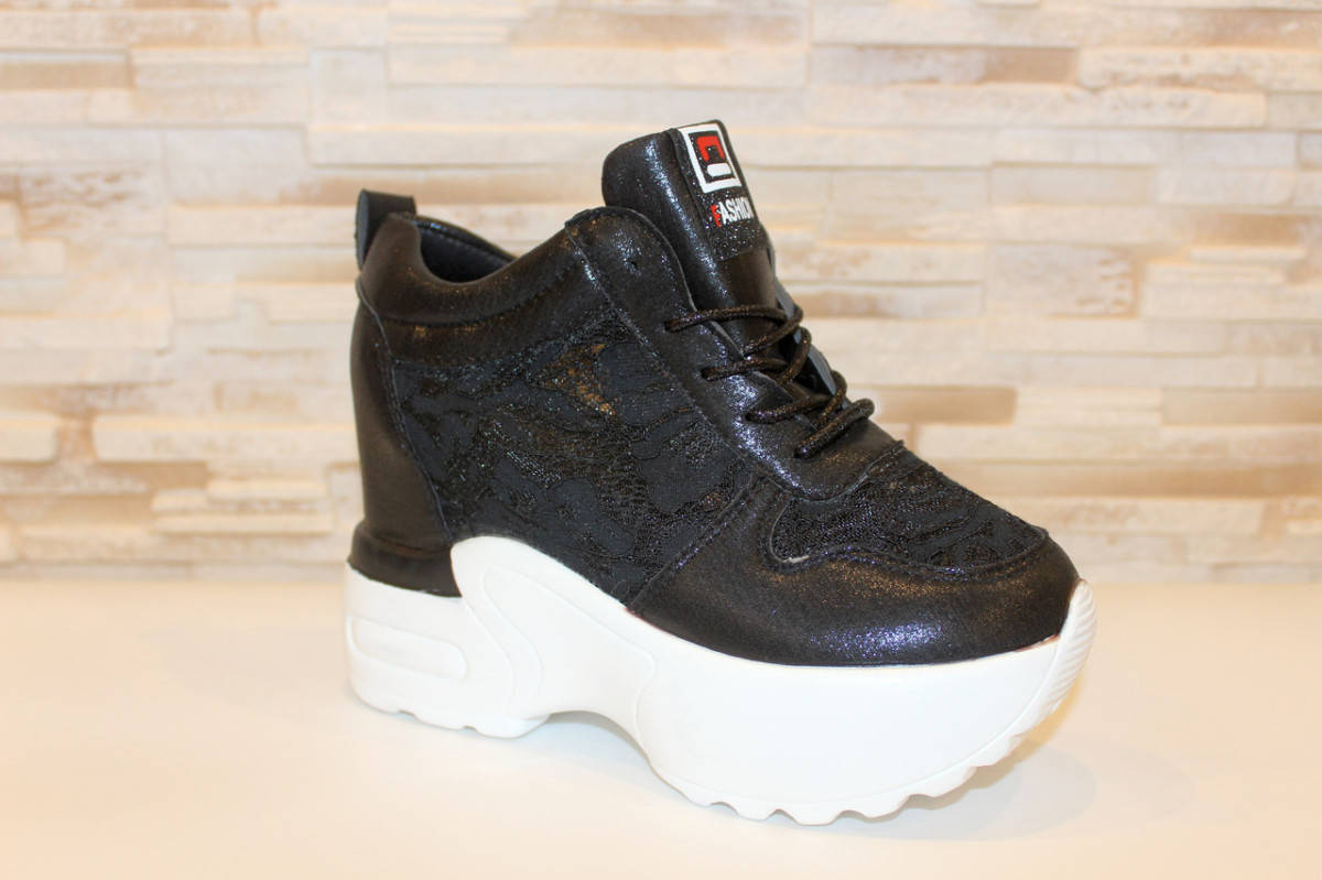 

Сникерсы кроссовки женские черные с кружевными вставками Т045, Черный