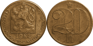 

Монета "20 геллеров" (haleru) Чехословакия 1974, 1980, 1982, 1988 год.