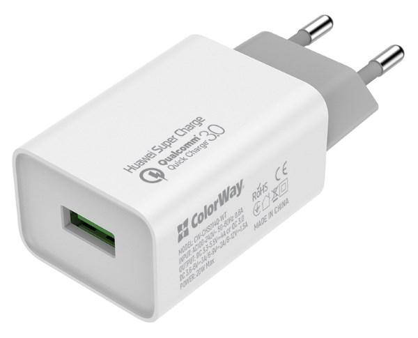 

Пристрій зарядний мережевий Colorway 1USB Chip-Huawei Super Charge/Quick Charge 3.0, 4A (20W) білий (код, Белый