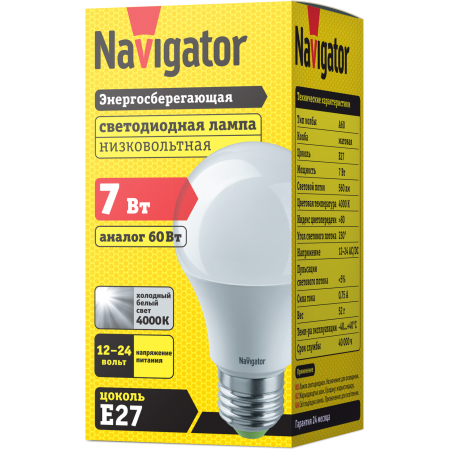

Лампа Navigator 61 473 NLL-A60-7-12/24-4K-E27 (от 12 до 24 вольт)(61473)