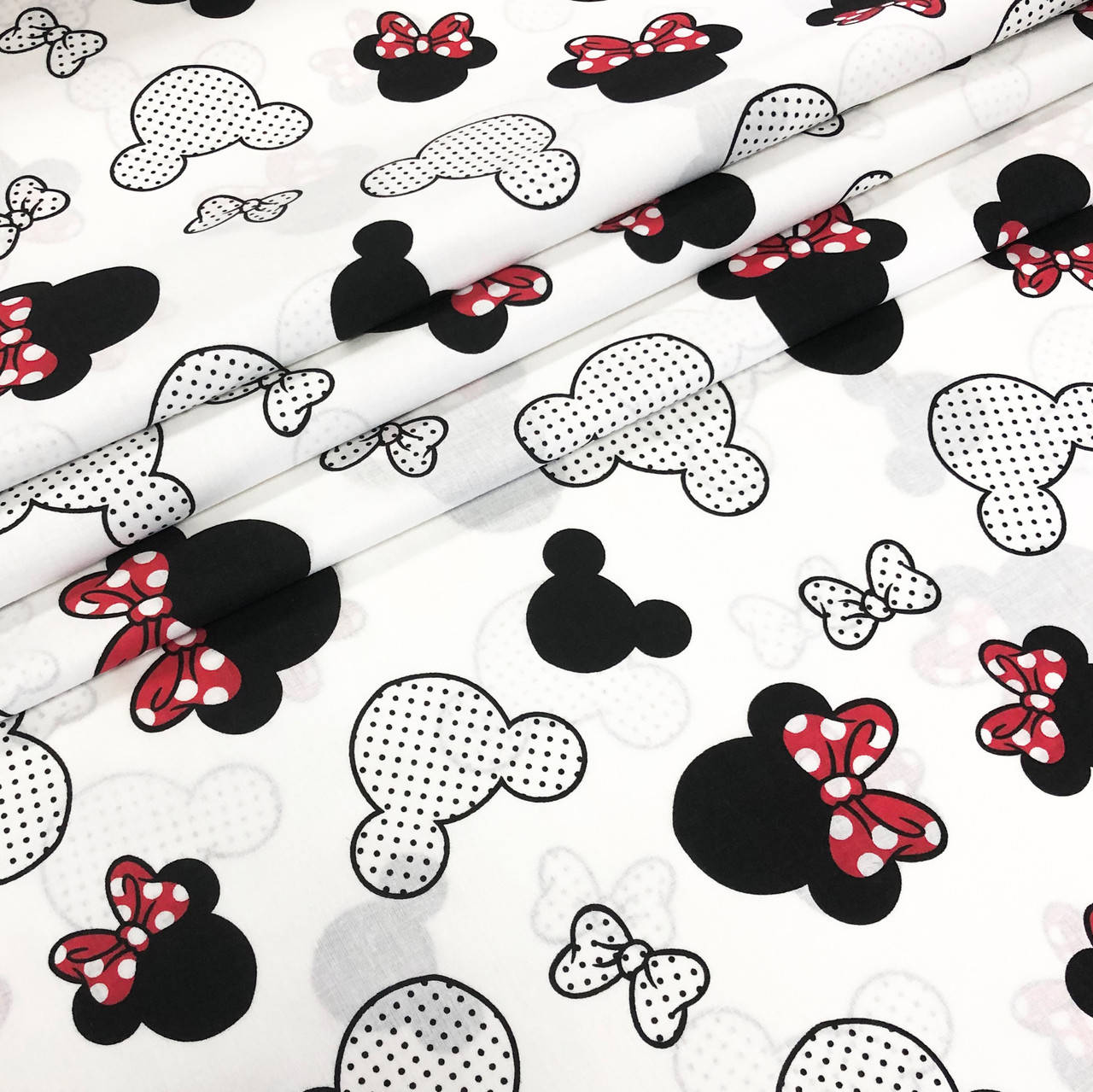 

Польская хлопковая ткань "Микки с красными бантиками большие на белом", Разные цвета