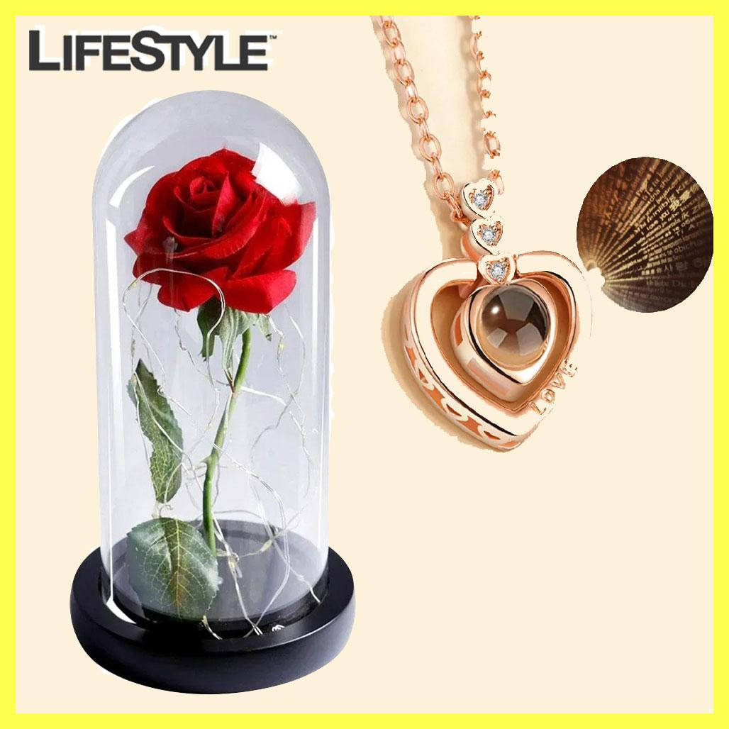 

Роза в колбе с LED подсветкой (большая) + Подарок Кулон I Love you, Красный