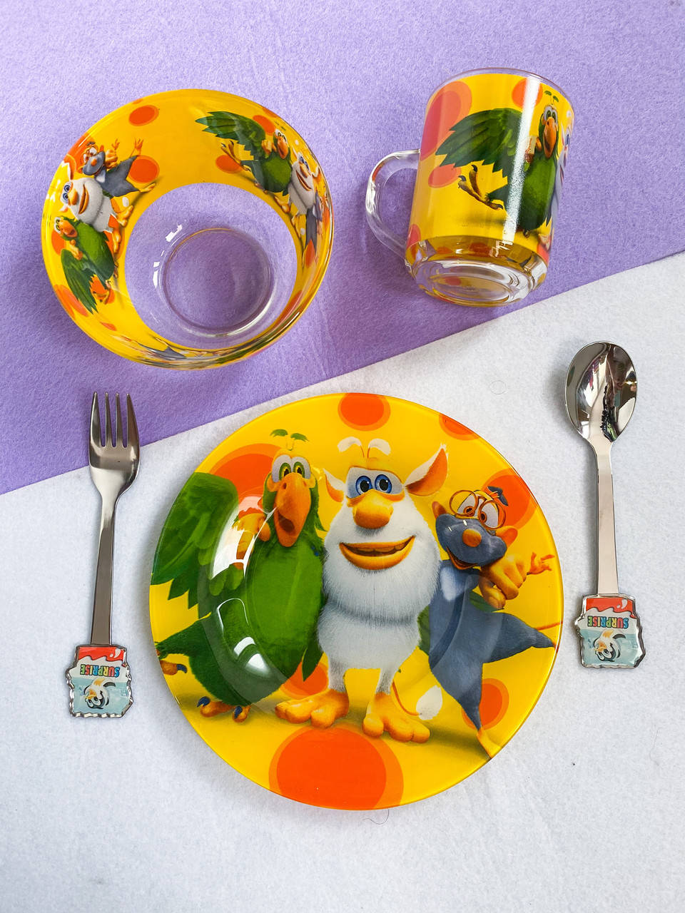 

Набор стеклянной детской посуды со столовыми приборами "Буба"