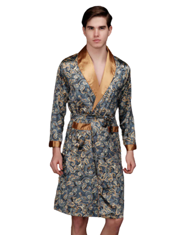 

Халат мужской шелковый с принтом Турецкие огурцы  голубой