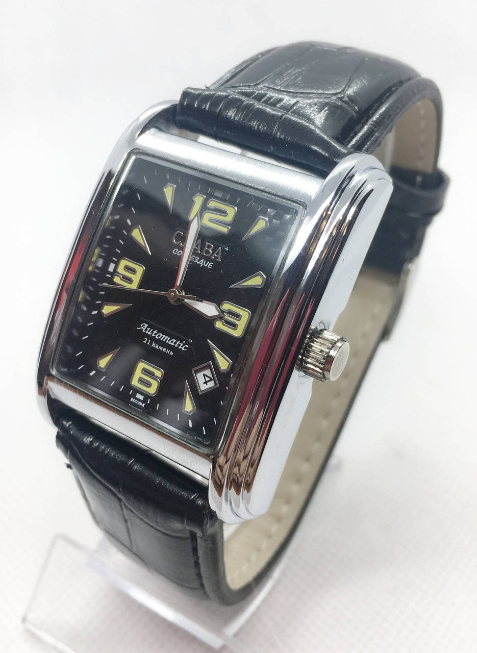 

Механические наручные часы Слава, серебро с черным циферблатом ( код: IBW586SB )