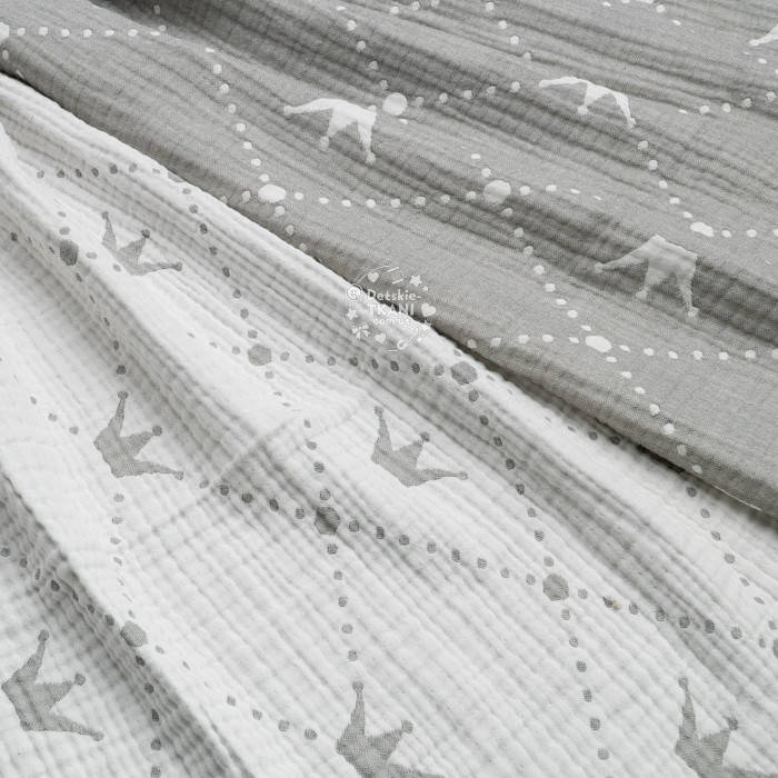

Четырёхслойный муслин жаккард (двусторонний) с серыми коронами, ширина 135 см, Серый
