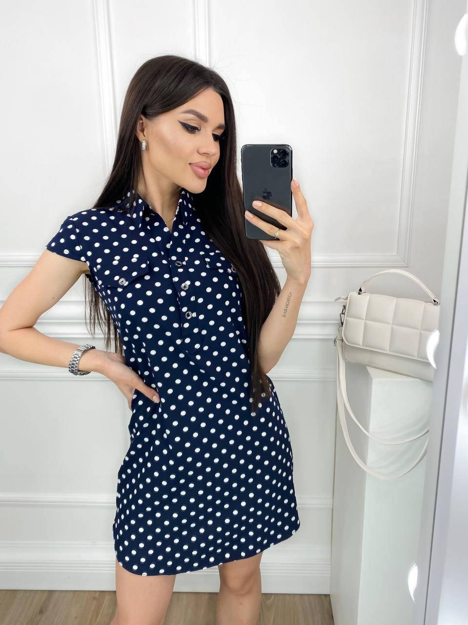 

Туника рубашка женская синяя в горошек 618/1 46, Синий