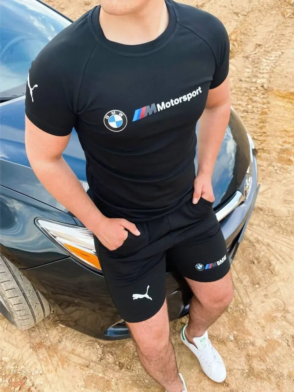 

Спортивный летний костюм puma bmw | комплект черная футболка и черные шорты, Черный