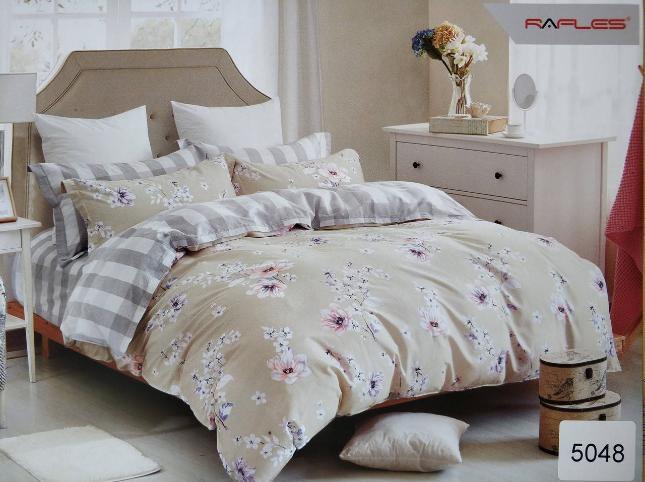 

Сатиновое постельное белье евро ELWAY 5048 «Цветочный орнамент», Серо-бежевый