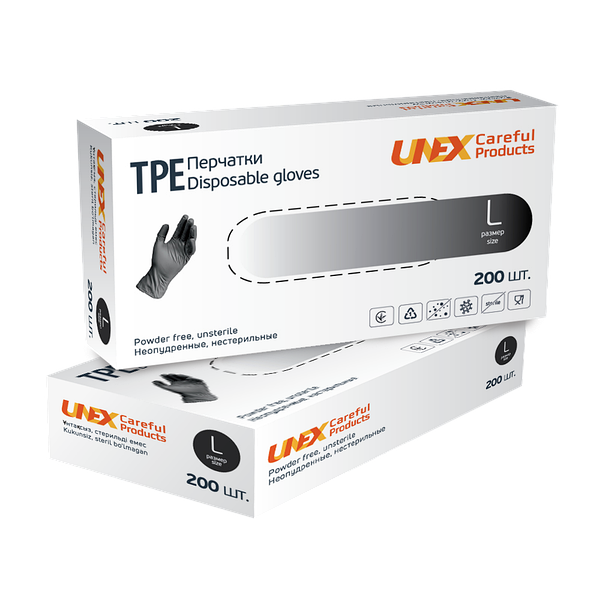 

Перчатки одноразовые Черные размер  Unex ТРЕ в упаковке 200 шт, Черный