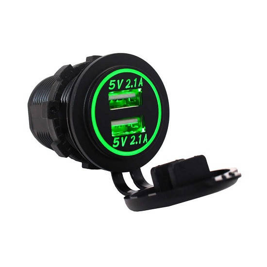 

Автомобильное зарядное гнездо 2 USB DC 12-24V/5V 2,1A зеленая подсветка с резьбой