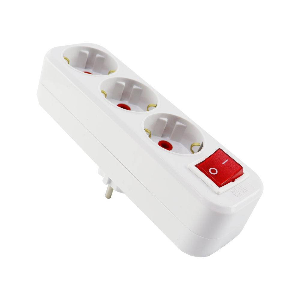 

Тройник-разветвитель с заземлением, 16А, прямой, с выключателем, белый, AY-KA