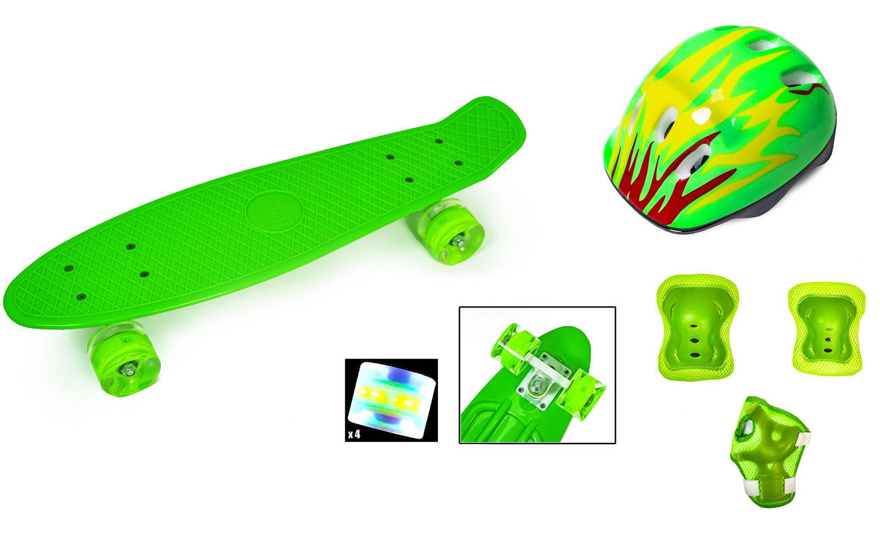 

+ Шлем + Защита + Пенни Борд Penny Boarde 22Д Зеленый цвет Светящиеся колеса, Зелёный