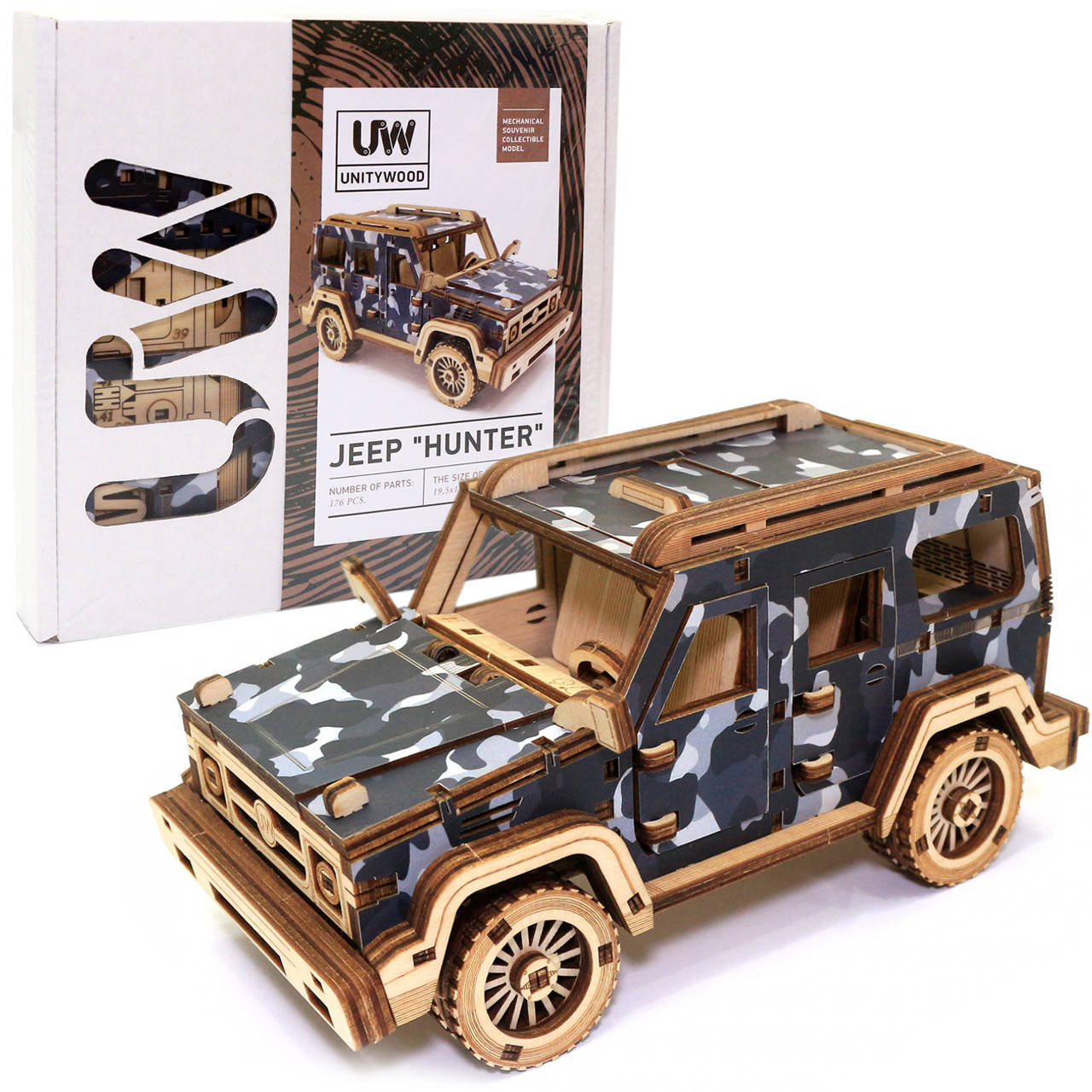 

Деревянный 3D конструктор Джип Охотник UnityWood «Jeep «Hunter»» 176 деталей 19,5*11*9 см (UW-007)