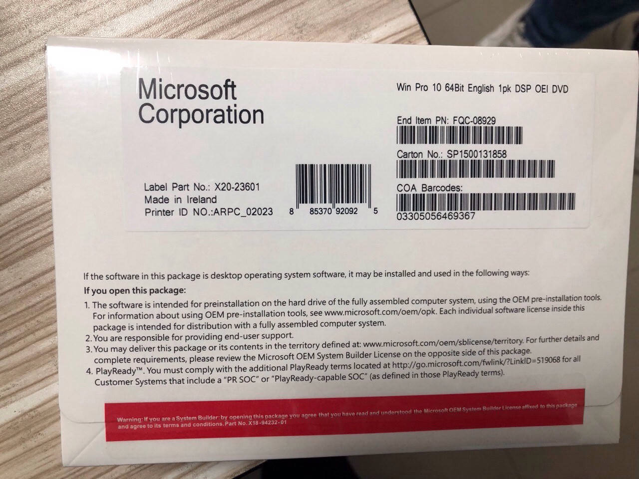 

Операционная система Microsoft Windows 10 Professional 64-bit DVD OEM FQC-08929