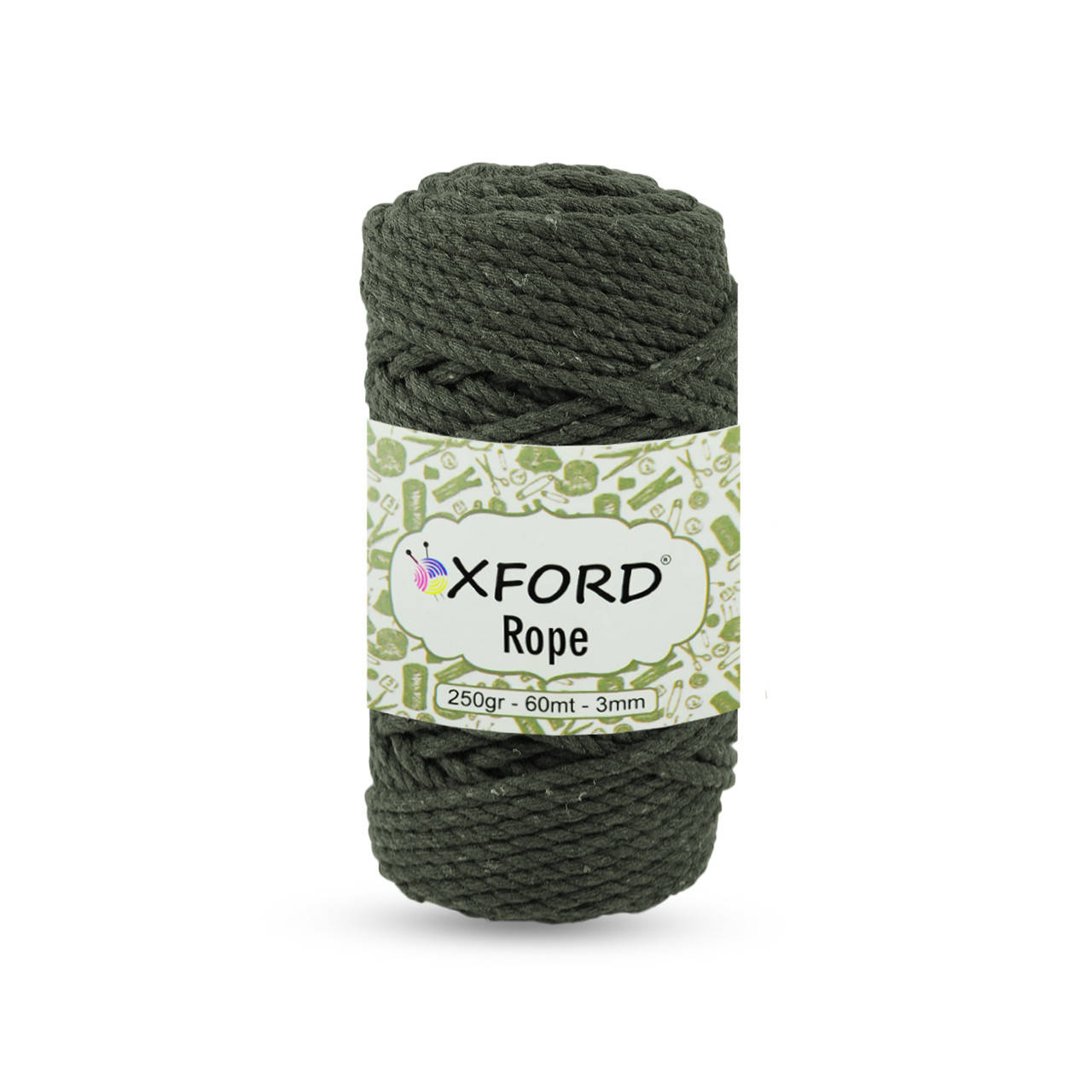 

Хлопковый шнур макраме крученый Oxford Rope. Хаки. 250 г, 60 м, 3 мм