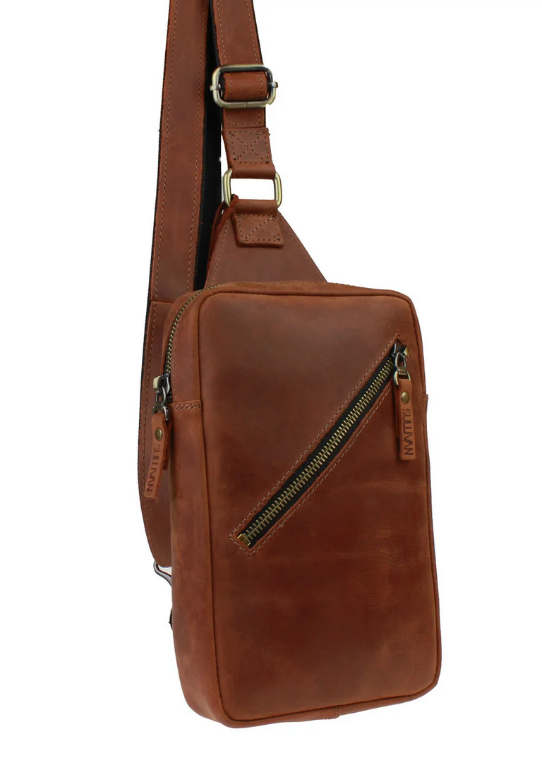 

Мужская сумка слинг кожаная через плечо бананка светло-коричневая gmSMS7, Коричневый