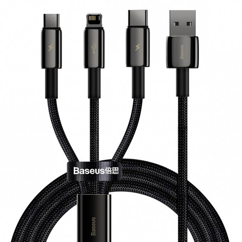 

Кабель Baseus Tungsten Gold One-for-three USB to M+L+C 3.5A CAMLTWJ-01 Black 1.5m, Черный