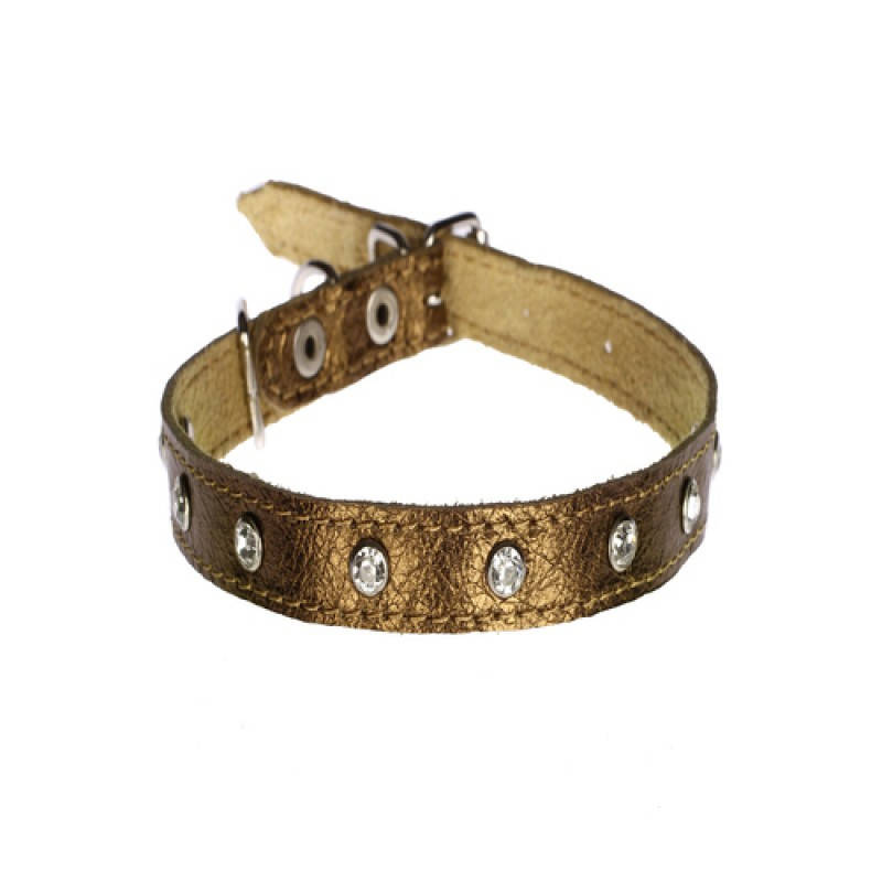 

Ошейник 1241 12мм "Перламутр" кожаный двойной украшенный стразами Золотой, Золотистый