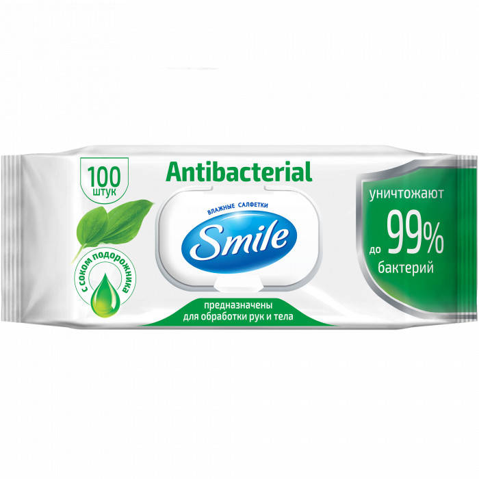 

Влажные салфетки Smile Antibacterial с экстрактом подорожника100 шт