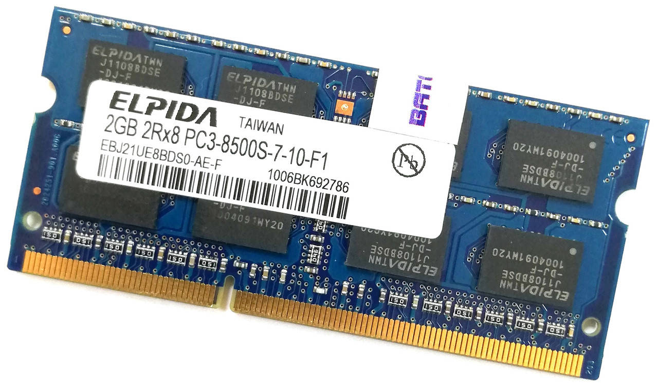 

Оперативная память для ноутбука Elpida SODIMM DDR3 2Gb 1066MHz 8500s CL7 (EBJ21UE8BDS0-AE-F) Б/У