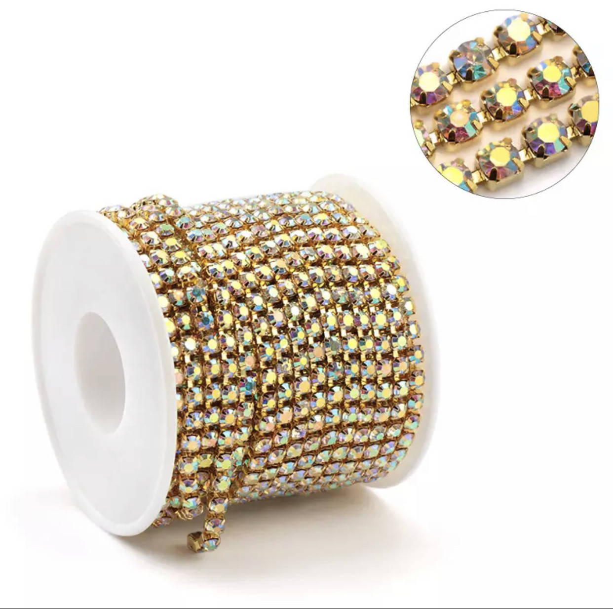 

Стразовая цепочка, цвет Crystal AB, ss6 (2mm), металл золото, 1м