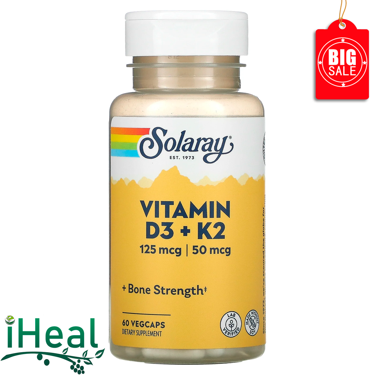 

Solaray, витамины D3 и K2, без сои, 125 мкг (5000 МЕ), 60 растительных капсул