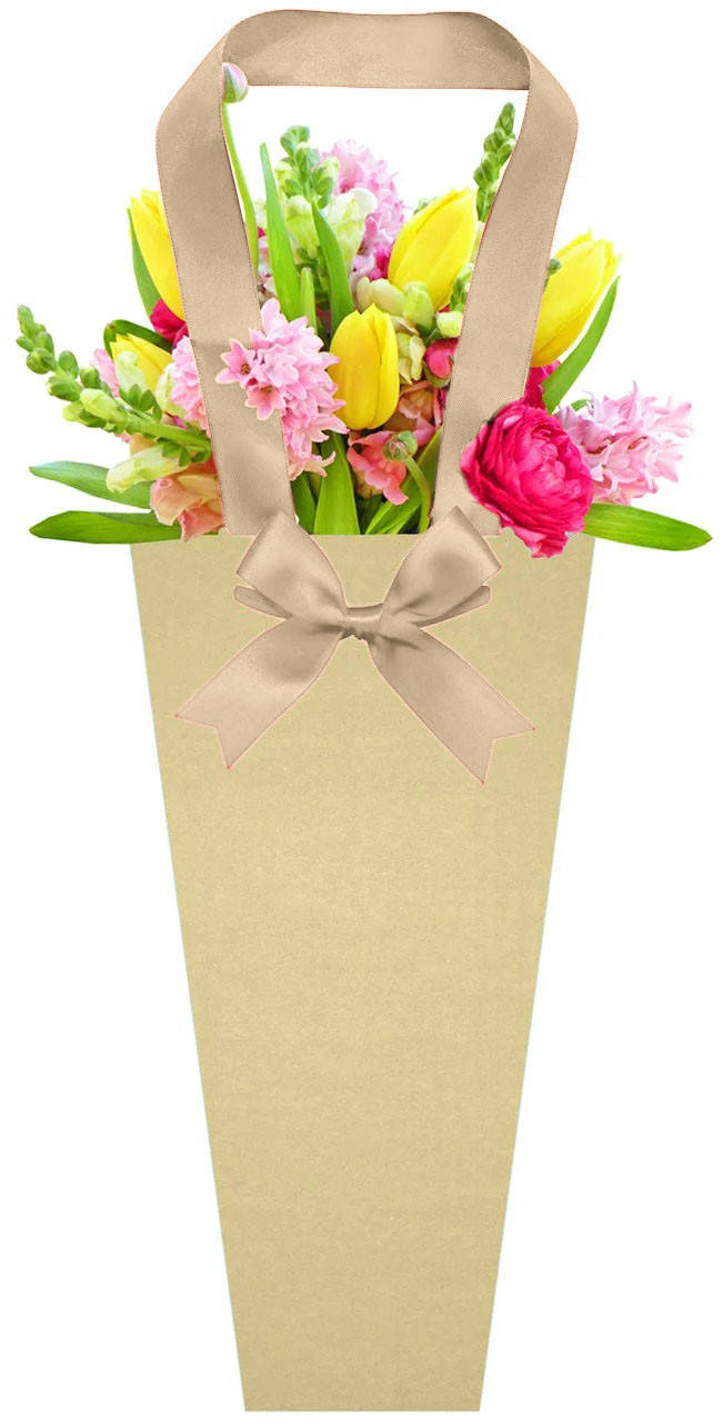 

Флористическая сумка 27 см крафтовая с ручками из бежевой атласной ленты, Коричневый