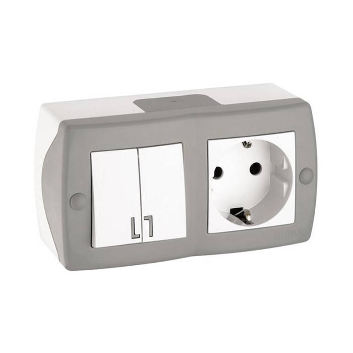 

Выключатель 2кл+розетка с заземлением накладной Mono Electric, OCTANS IP 20 серый