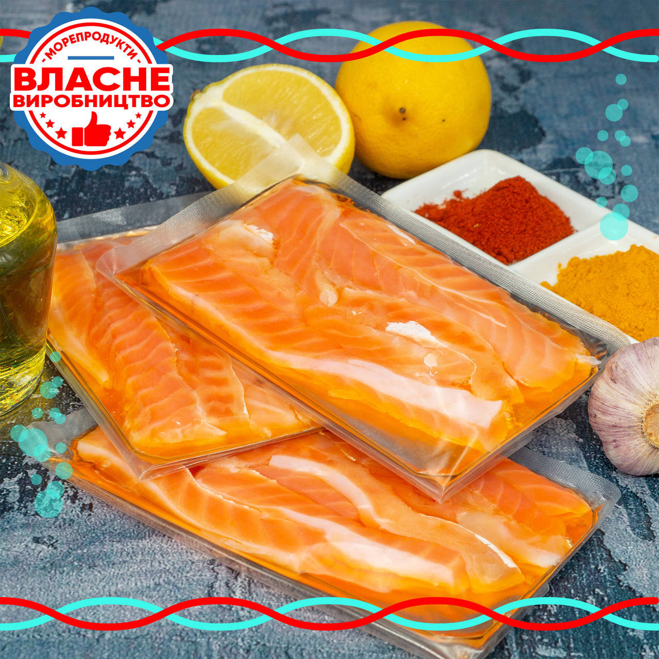 

Слайсы из филе лосося с/с 100г