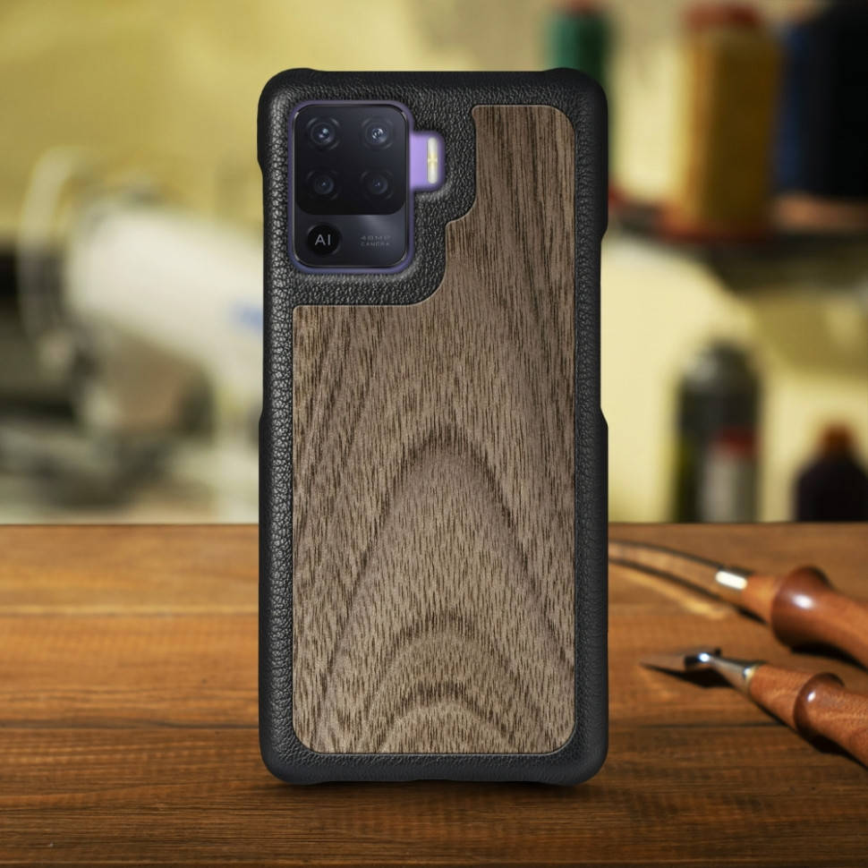 

Кожаная накладка Stenk WoodBacker для OPPO Reno5 Lite Чёрная, Черный