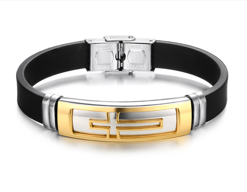 

Каучуковый браслет с крестом «Saint» со вставками из нержавеющей стали (золото)