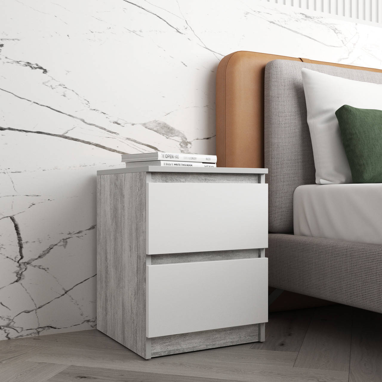 

Тумбочка прикроватная на 2 выдвижных ящика c фасадами без ручек R-5 Бетон / Белый фасад